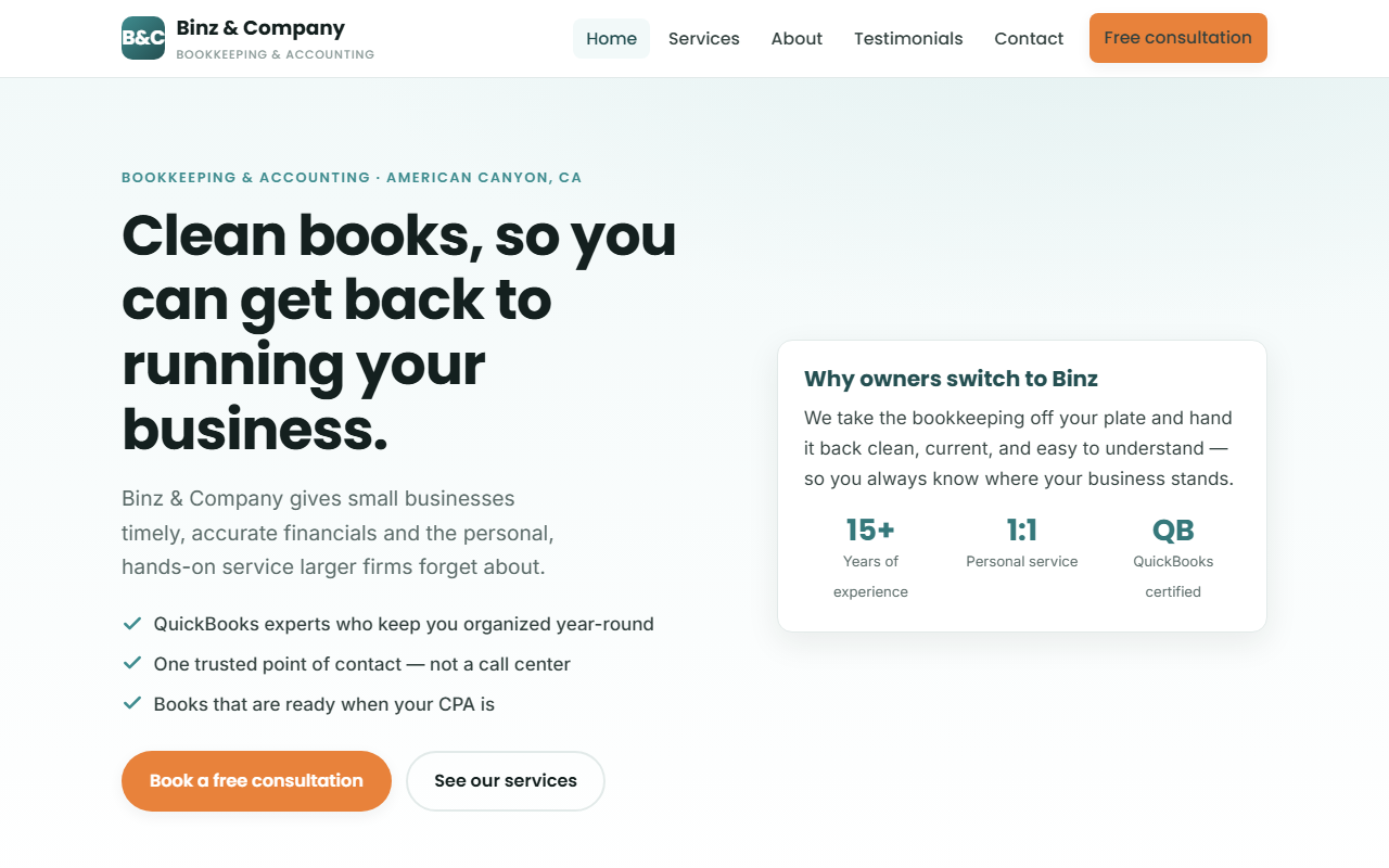 Homepage of the Binz & Company website